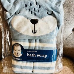New! Sealed In Plastic! Gerber Baby Boys' Fox Bath Wrap - Blue