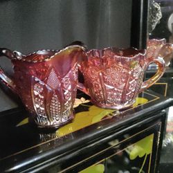 Vintage Red Carnival Glass Set Of Creamer & Sugar 