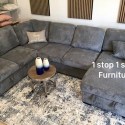 XL Convertible Sectional Sofa With Pullout Bed & Storage Dark Grey Corduroy 