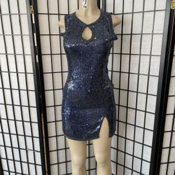 Sweelo Silk Blue Beaded Cocktail Dress