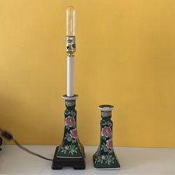 Set of Vintage Chinese Porcelain Floral Vase Style Table Lamp and Candle Holder