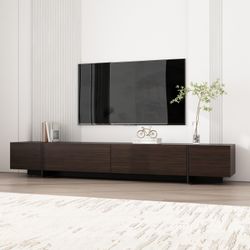 FAMAPY TV Stand, Modern TV Media Console Table with 4 Drawers, Flip Doors, for Living Room, Dark Brown and Black, 15.7”D x 95.7”W x 15”H