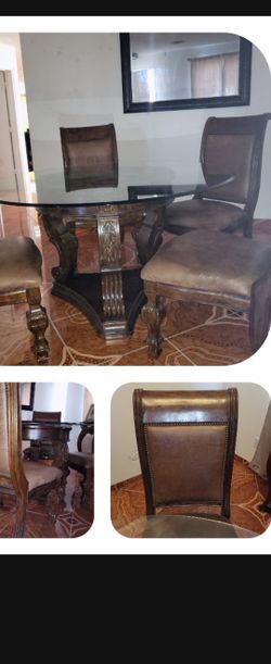 Dinning Room Set With Authentic Leather Chairs  & Is Solid  Wood Glads Top Fsncy Elegant  Pay $2200 Asking $575 . Moving  Soon