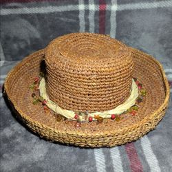 Chico's Hampton Straw Hat Sienna Brown Beaded Raffia Trim Sun Boho OS NWT