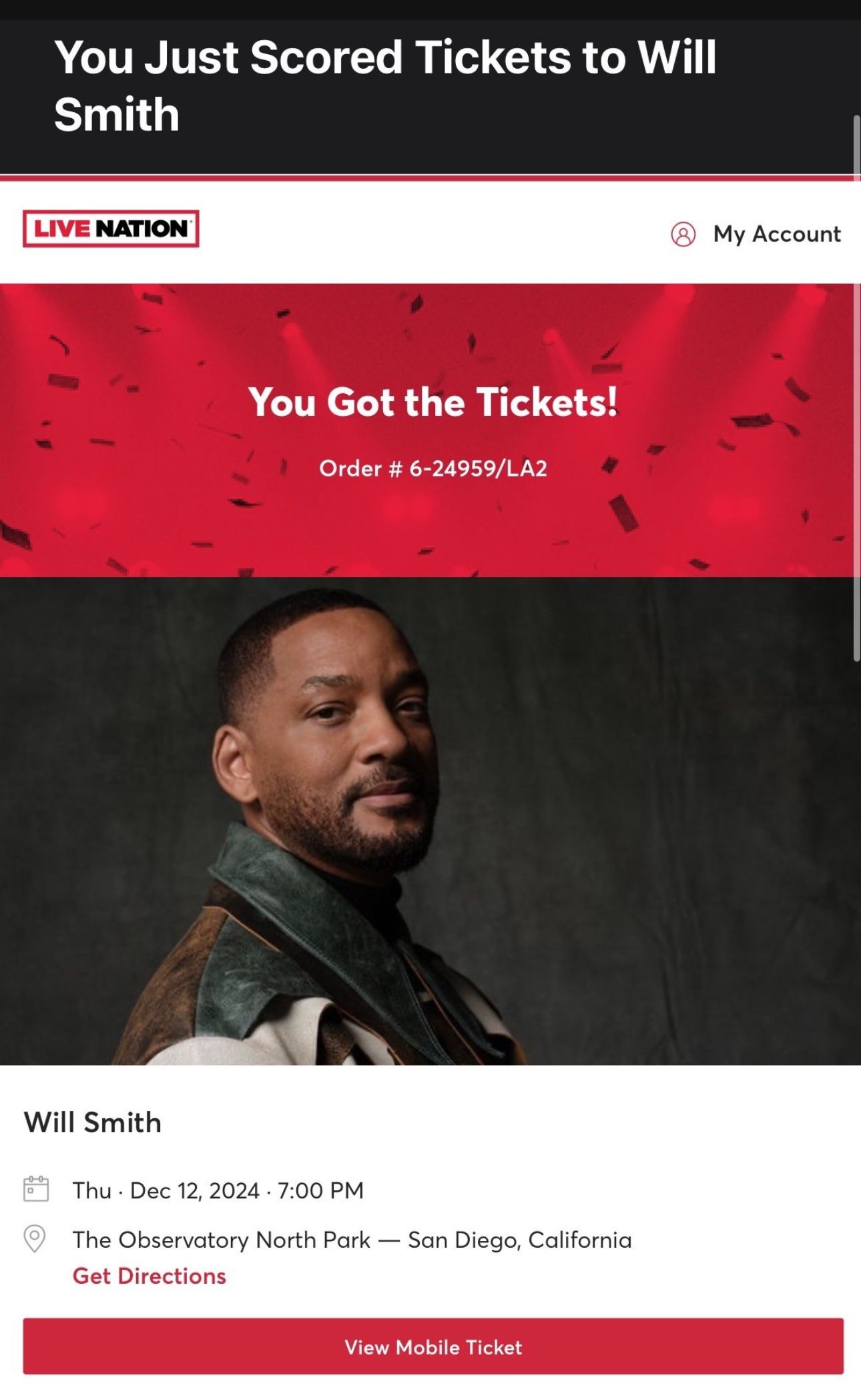 2 Tickets To Will Smith Tonight 12/12