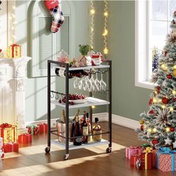 NEW Bar Cart, Home Bar Serving Cart, Small Wine Cart with 3-Tier Shelf, Beverage cart, Drink Cart with Wine Rack and Glass Holder, Rolling bar carts f