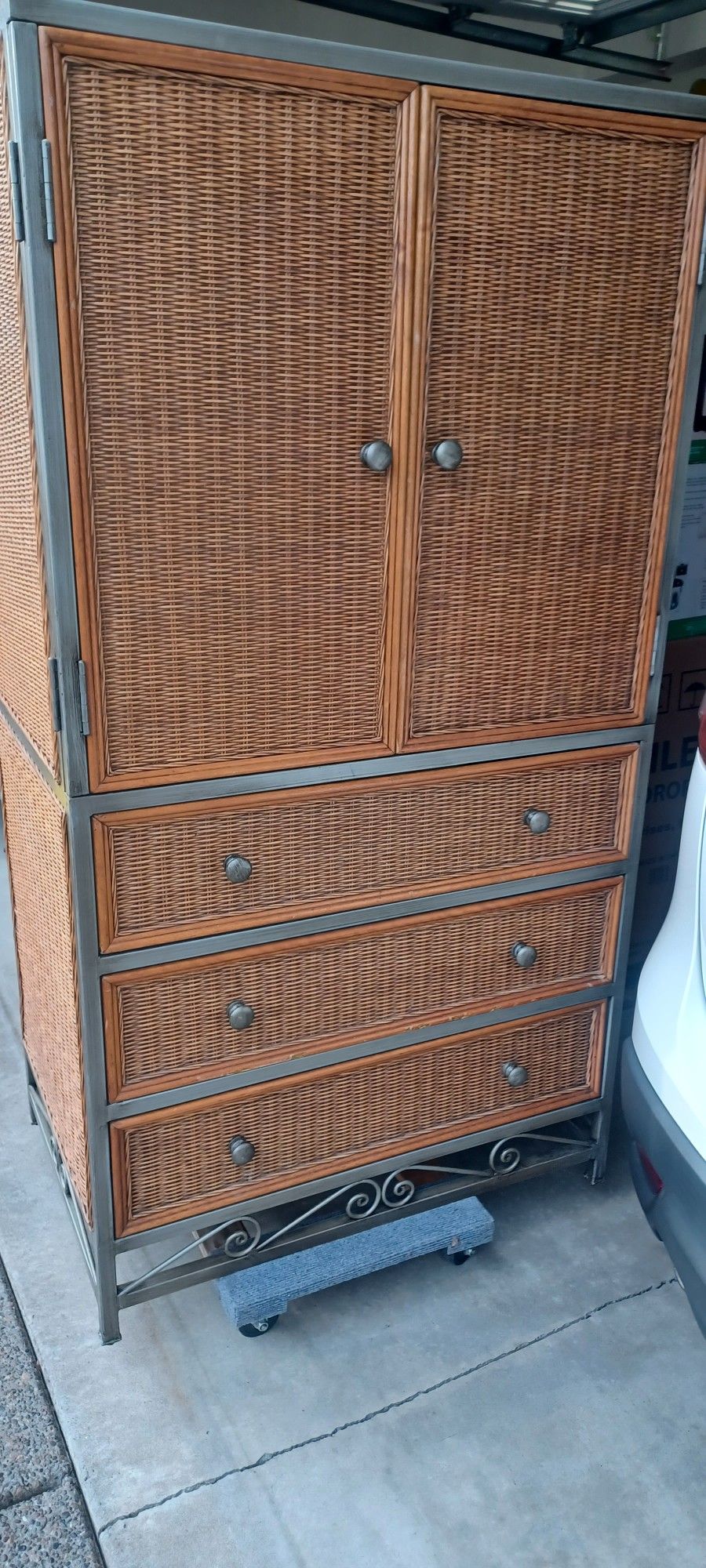Very Nice Wicker Cabinet. Metal Frame Heavy Duty With Drawers
