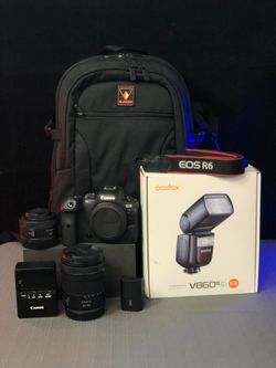 R6 Canon Mirrorless with 24-105mm, RF 50mm f/1.8 STM, Godox Ving V860III TTL Li-Ion Flash and Padded Camera Bag