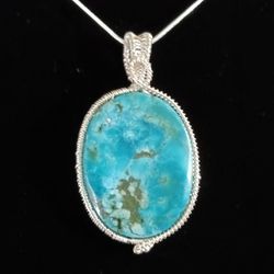 Genuine Arizona Blue Turquoise Wire Wrapped Sterling Silver Pendant Necklace Handmade