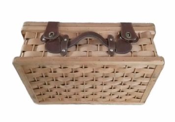 1980s Woven Wicker & Pine Wood Leather Strap Picnic Basket 12"Wx6"Dx20"L
