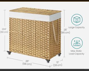 SONGMICS 37 Gallons (140 L) Rolling Laundry Basket w/ Wheels 3-Section Synthetic Rattan Removable Liner - Natural
