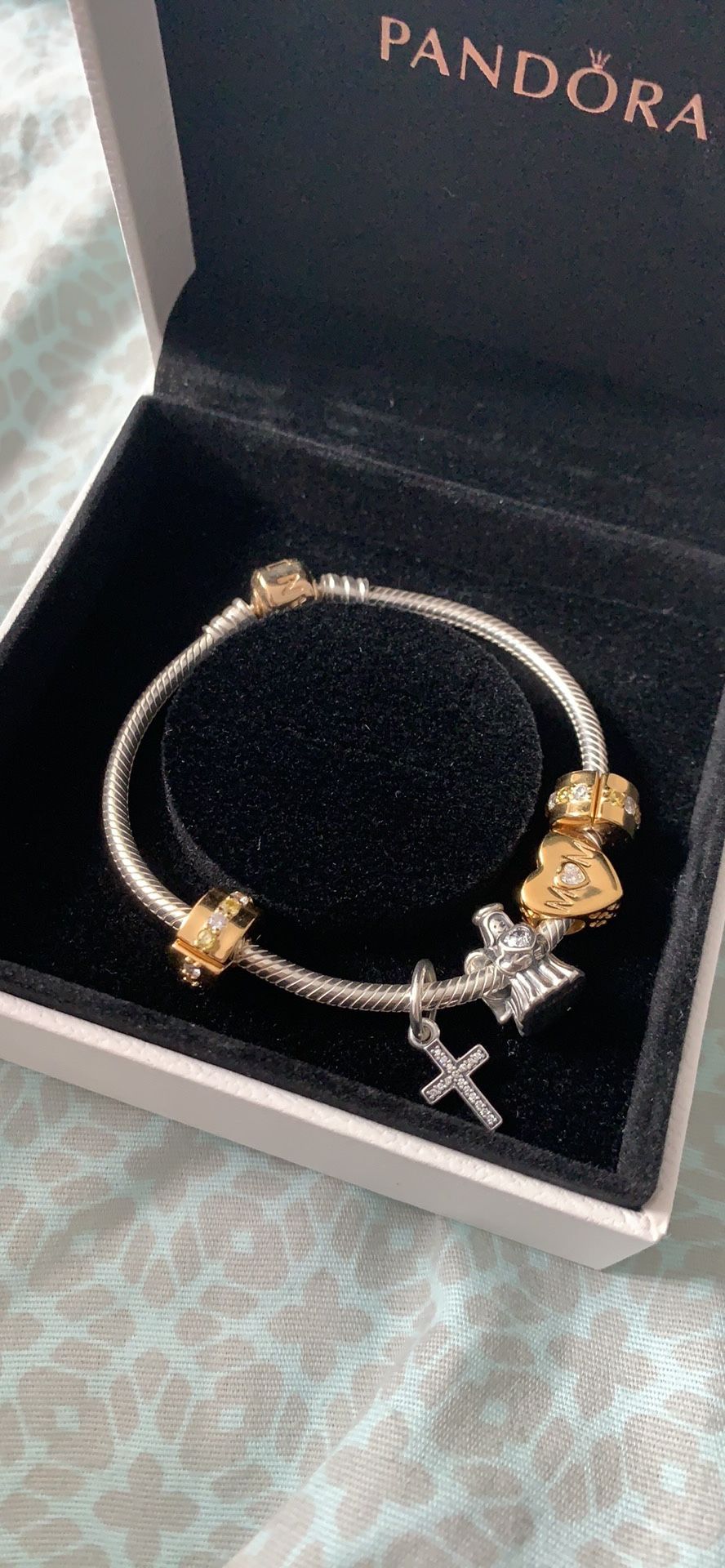 Pandora two toned bracelet 14 k gold/ w charms