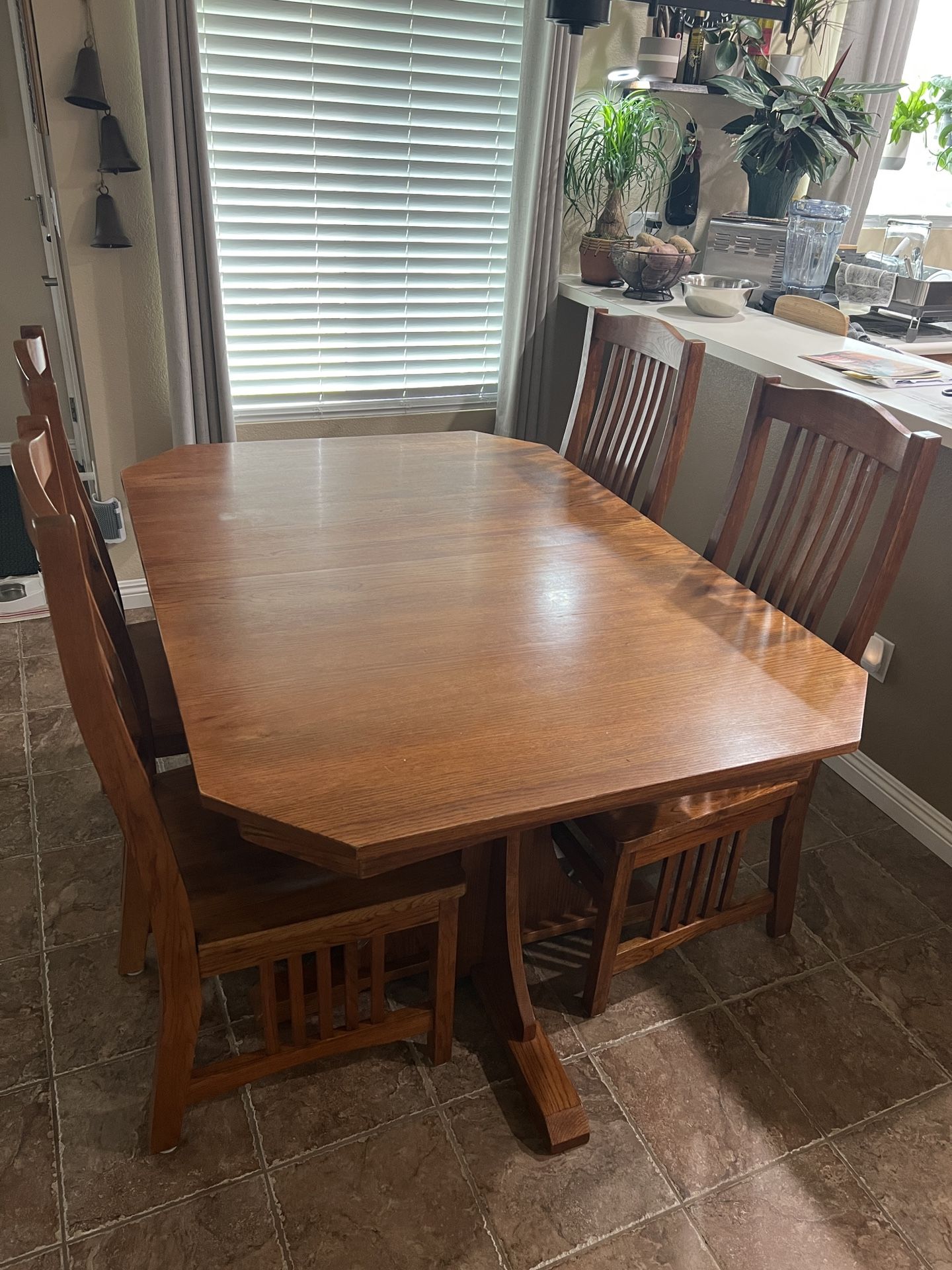 Mission Style Solid Wood Table w/2 leafs + 6 Chairs