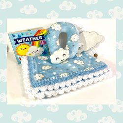 Dreamy Clouds Blue & White Crochet Baby Blanket and Book 4 Piece Gift Set