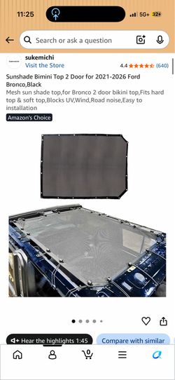 Sunshade Top 2 Door for 2021-2026 Ford Bronco Black Mesh