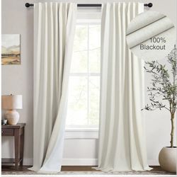 Cream Linen Blend Blackout Curtains 84 Inch Long 2 Panel Back Tab Thermal