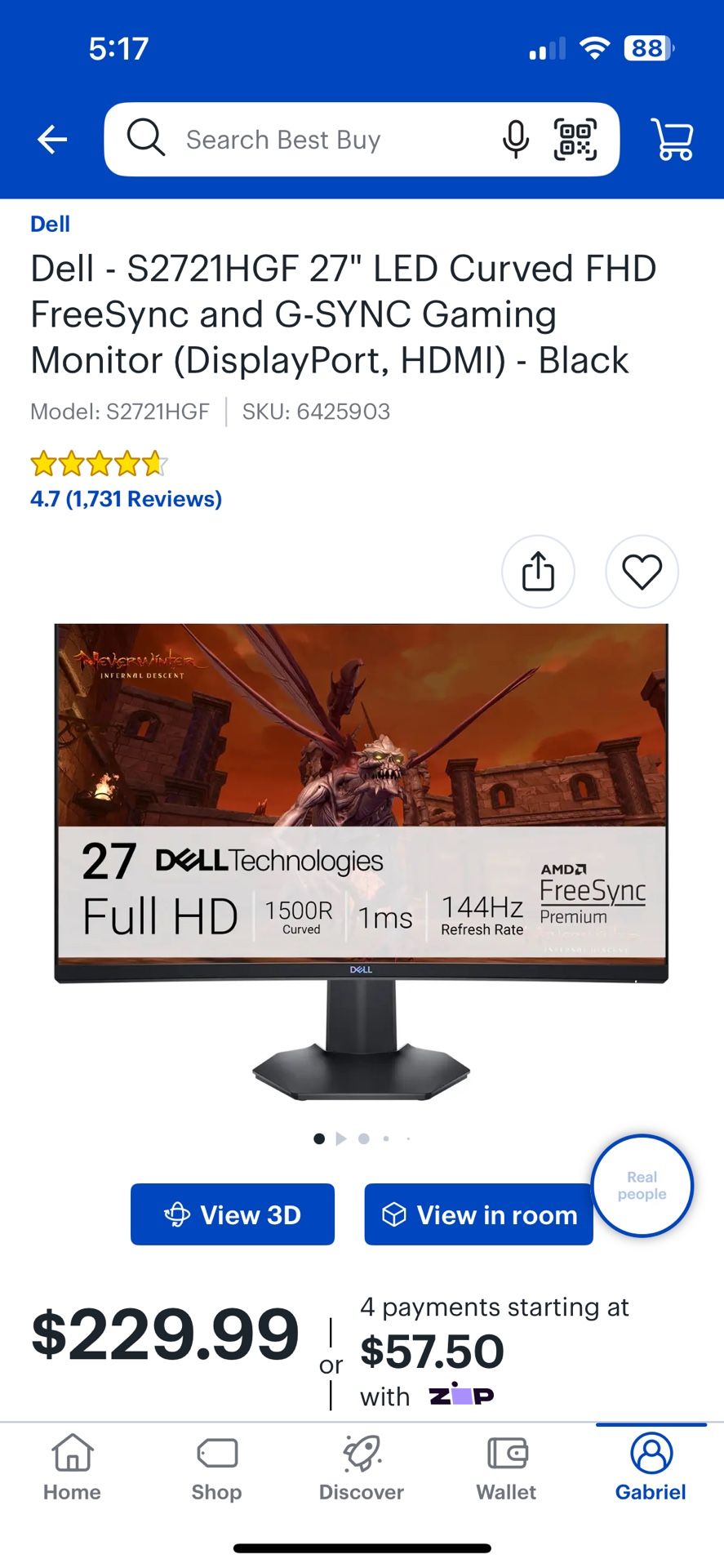 Dell 27” inch Curved 144hz Monitos