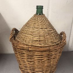 French Antique Demijohn green wine glass bonbonne wine bottle wicker