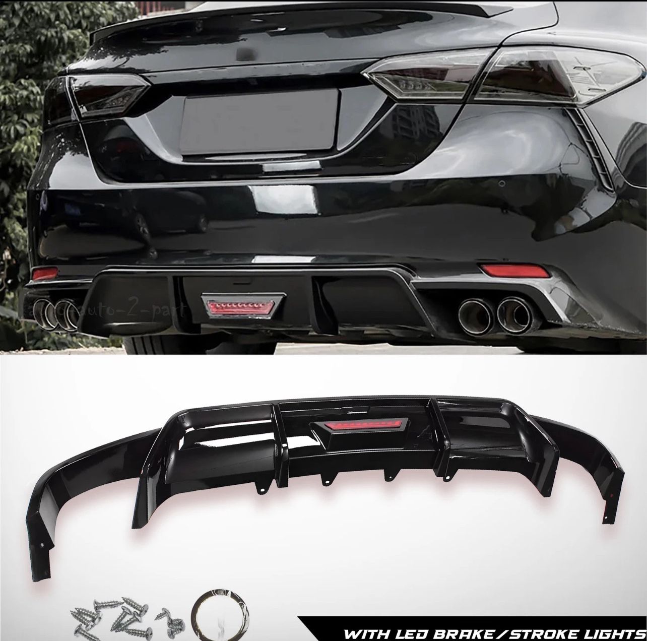 2018-2024 TOYOTA CAMRY SE XSE GLOSSY BLACK REAR BUMPER DIFFUSER W/ LED LIGHT & Trunk spoiler & Lip