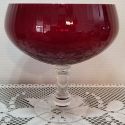 Set Of Two Vintage Ruby Red Empoli Style Glass Compote 7X6