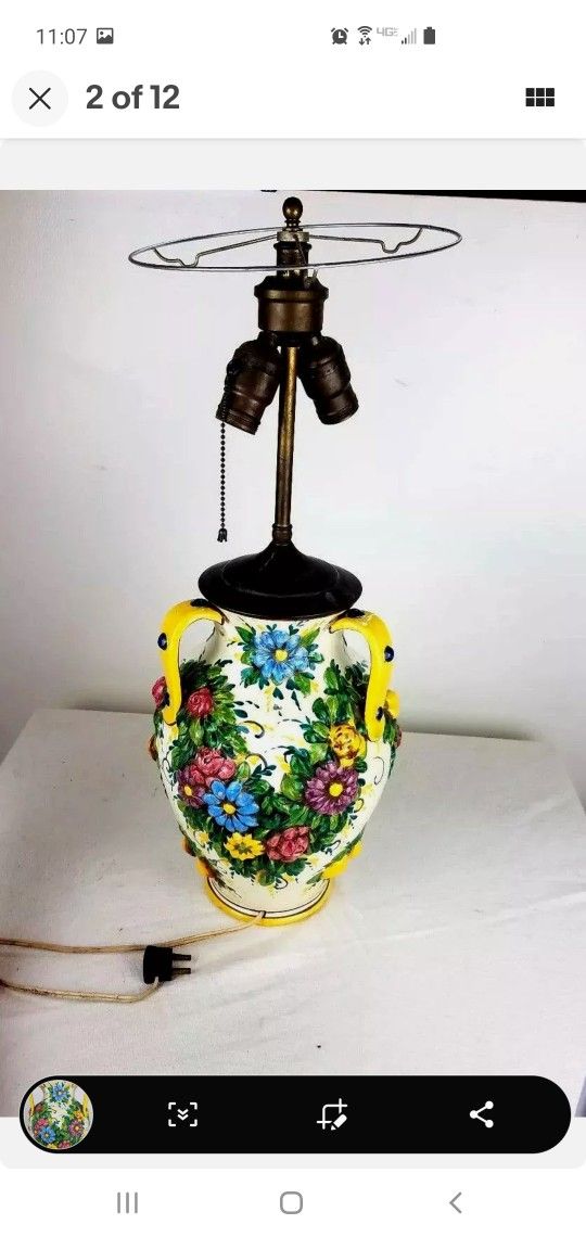 Antique Italian Pottery Lamp Floral Majolica