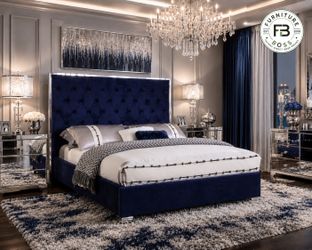 Cal King Bed - Blue Velvet Bed with Mirrored Accents & Tufted headboard
