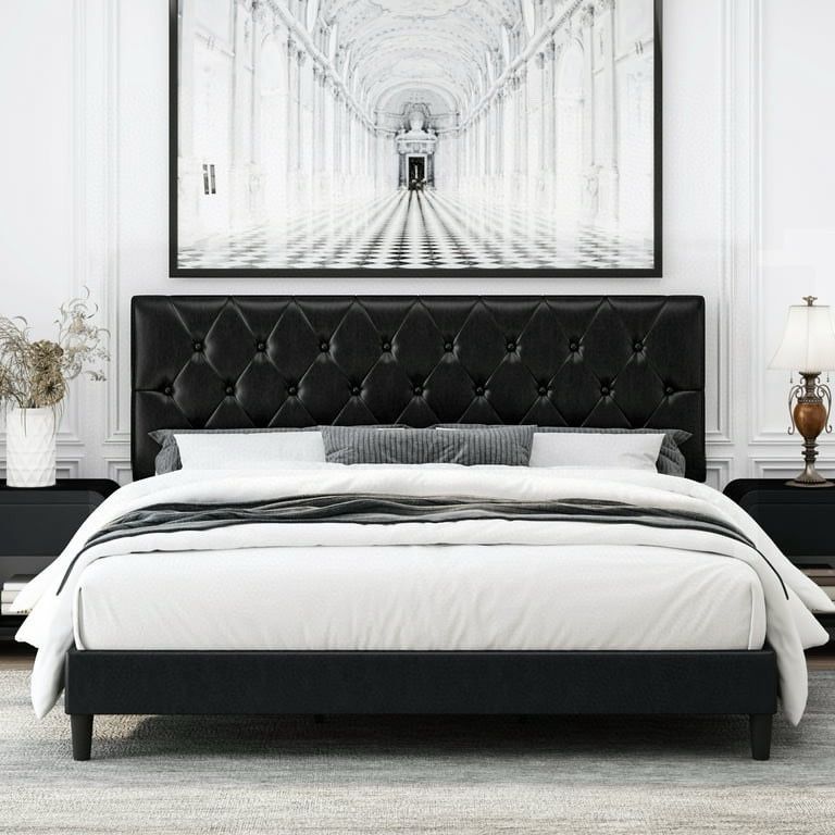 Queen Bed Frame, Black Faux Leather Upholstered Low Profile Platform Bed Frame with Adjustable Headboard