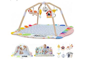 Kizfarm Baby Play Gym Mat, 5 Developmental Zones Wooden Tummy Time Mat, Baby Activity Mat with 5 Detachable Sensory Toys, Stage-Based Development from