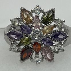 1326-MTT A Beatiful Rainbow Flower Shaped Crystal S925 Stamped Ring