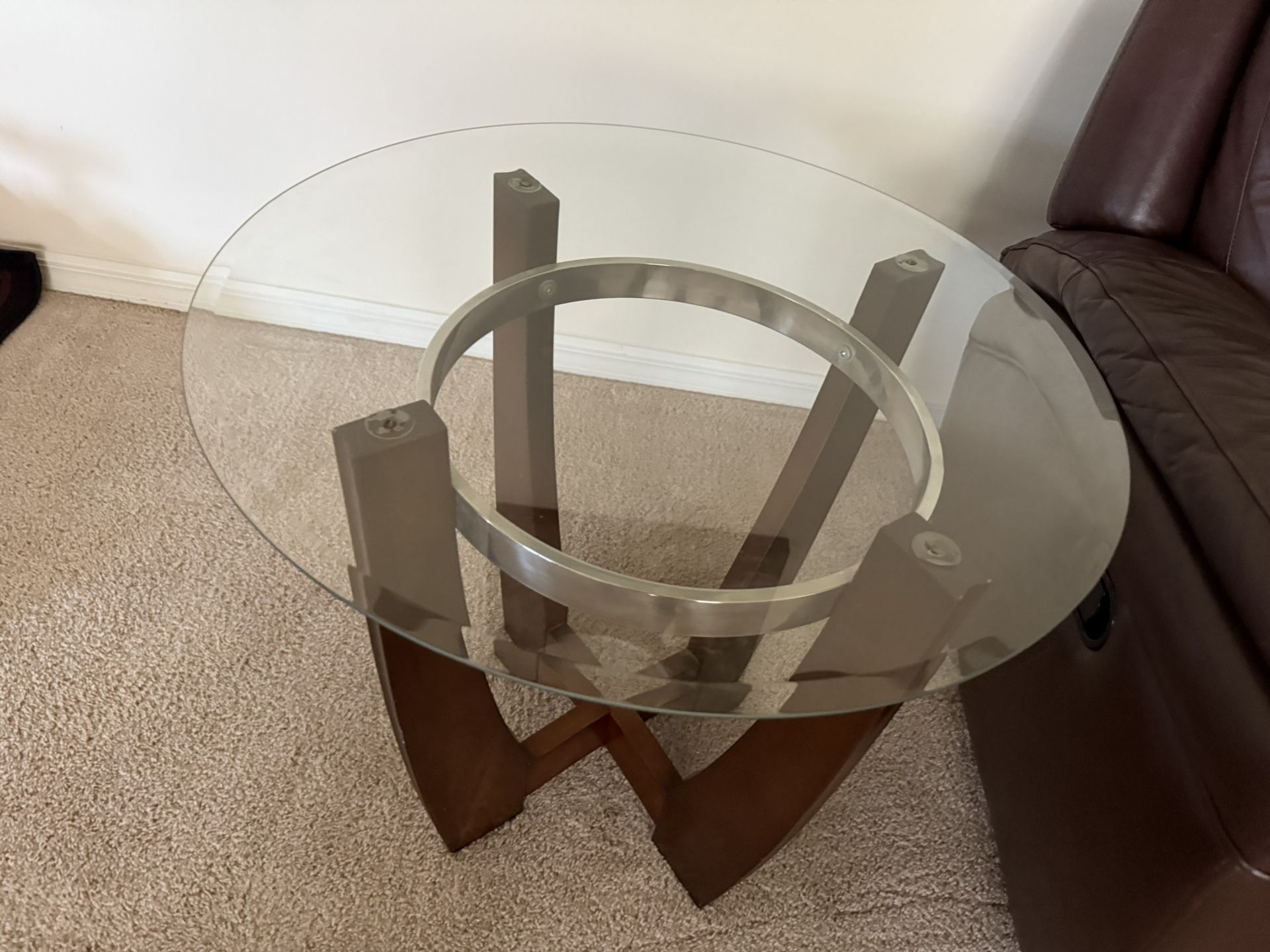 Two Round Glass End Table with Solid Wood Base for Living Room