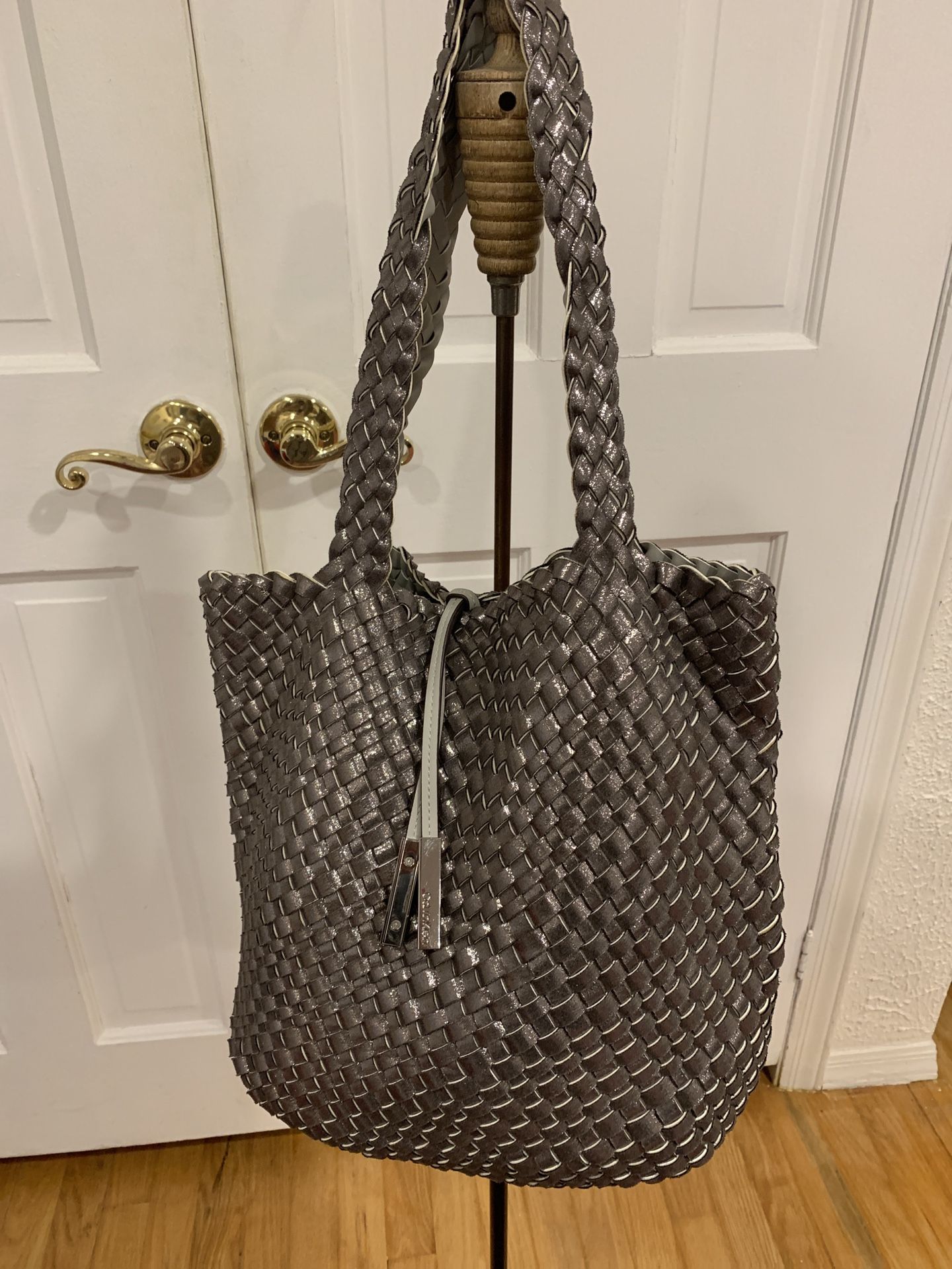 Large Beautiful Calvin Klein Reversible Woven Gray / Metallic Silver Tote Bag With Detachable Pouch Width 16” And Height Is 13”