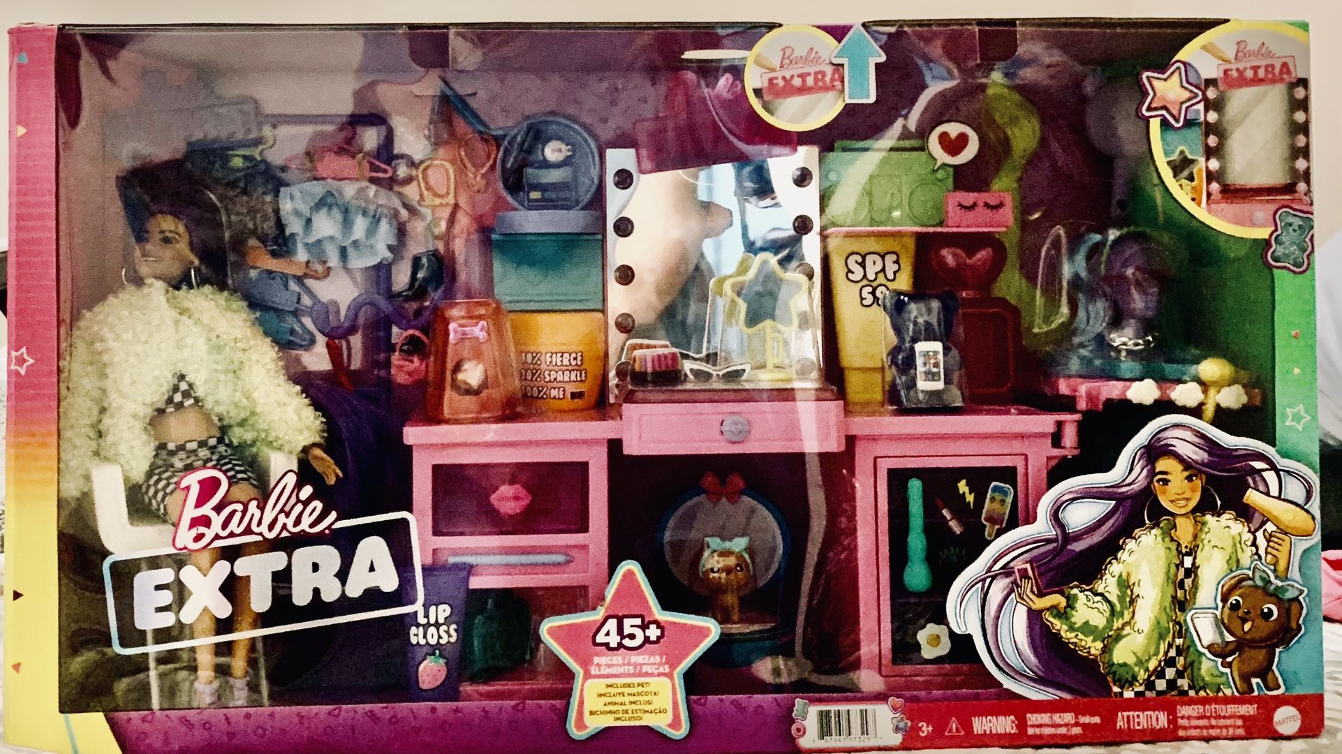 Last One—Barbie Extra Fashion Doll and Vanity Playset with 45+ Accessories, Vanity and Puppy