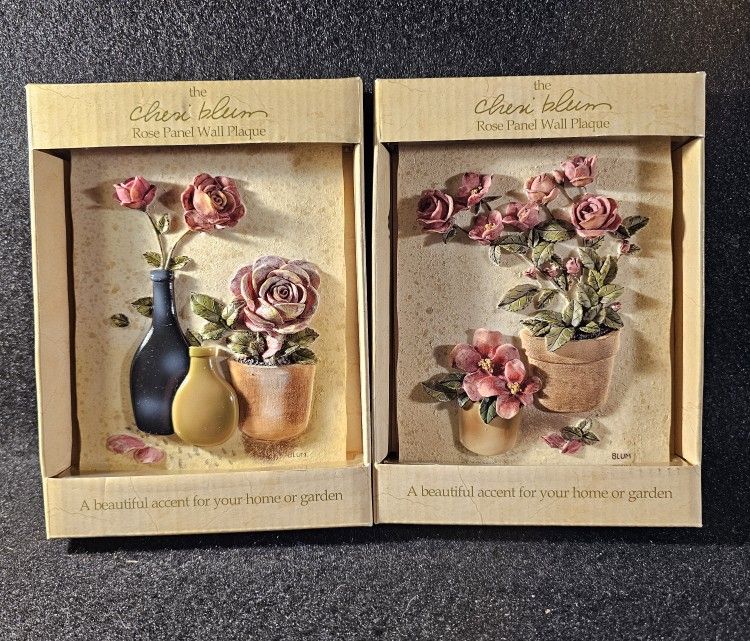 Set Of Two Vintage (2003) New-View Cheri Blum Rose Panel Wall Plaques. Unopened!