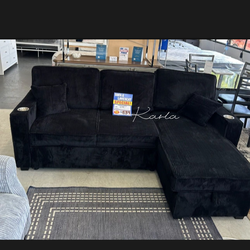 2-pc Sectional Sofa with pull-out bed & storage black Corduroy