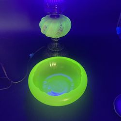 Vaseline  Burmese Uranium Glass Lamp & Bowl