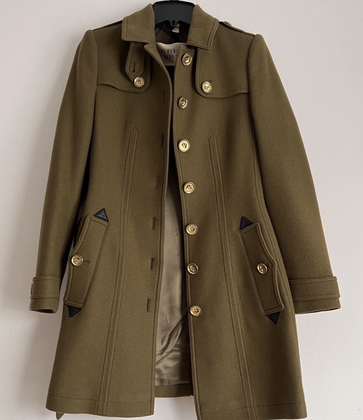 Burberry Brit Didmoore Single Breasted Belted Wool Trench Coat Sz 4 Olive Brown