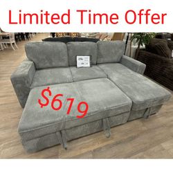 Dark Gray  / Brown / Green / Beige Corduroy Reversible Sectional Sleeper Sofa With Pull Out Bed  // Limited Time Offer 