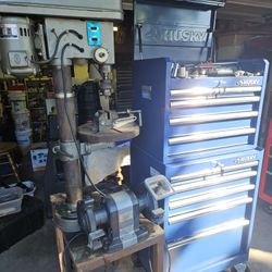Husky Heavy Duty Rolling Toolbox Full With Tools Including Keys And Shop Drill Press 12 Speed And Vice 