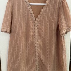 Top with Ruffled Accents, Polka Dotted with V-Neck, Dusty Rose. Size XL- NEW