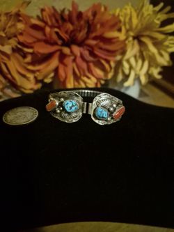 Vintage Old Pawn Native Turquoise/Coral Silver Watch Tips