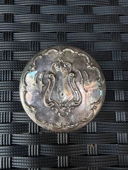 Vintage Silver Plated Round Vanity Mirror Ornate Monogrammed 3 Inch
