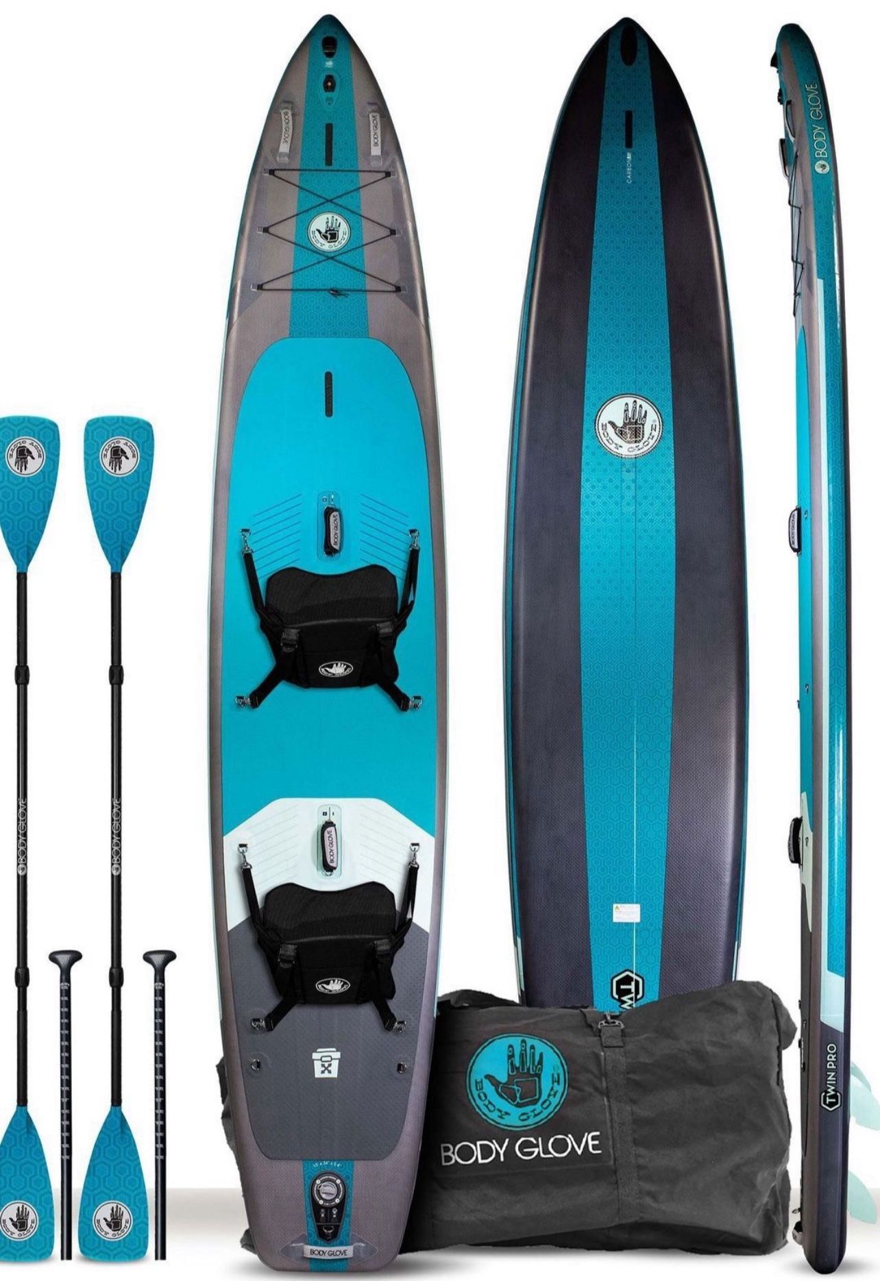 Paddle Board Kayak Combo - Body Glove Twin Pro 15' Inflatable Paddle Board - Silver/Teal