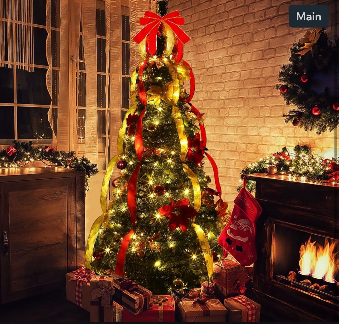 6 Ft Prelit Full Pop Up Christmas Tree with 200 Warm LED Lights, Gold and Red R