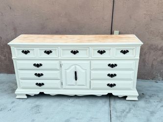 Vintage wood Cream Distressed Dresser with Natural Wood Top 12 Drawers XL