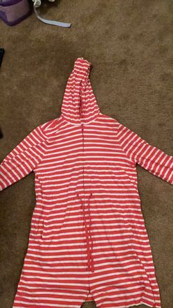 Red and White Striped Hooded Bathing Suit Cover
