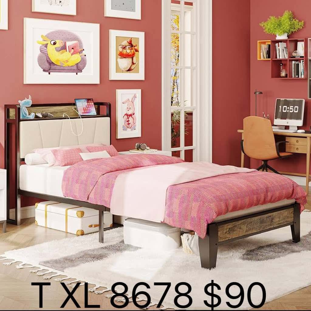 Twin XL Bed Frames, Storage Headboard with Charging Station(8678)