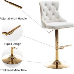 Gold Velvet Bar Stools Swivel Counter Height Bar Stools with Nailheads Trim and Button, Adjustable Barstools for Kitchen Island, Pub, Club (