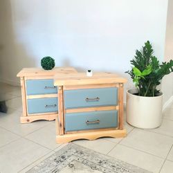 Pair of Sage Green & Natural Pine Wood 2-Drawer Nightstands / End Tables / Side Tables
