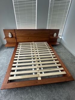 Wood Platform Bed Frame with Attached Nightstands