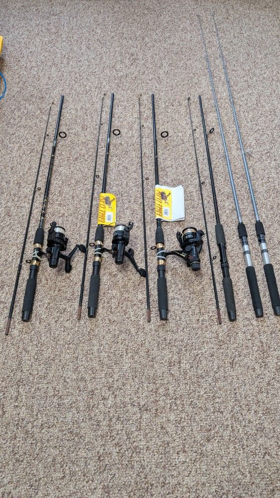 Fishing rods (3) New Eagle Claw Peregrine By Wright & Mcgill Co. Model CRFBK200 6'6" Spinning Rod With ECS 35 Graphite Reel Ball Bearing Gear Ratio 4